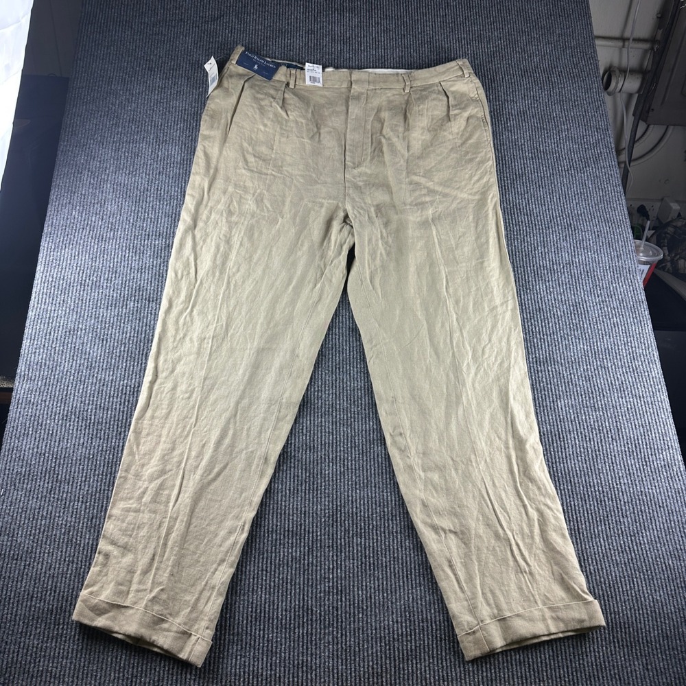 Polo Ralph Lauren Men 44x36 Tan 100% Linen Pleated Cuffed Dress Pants Big & Tall - Picture 1 of 10